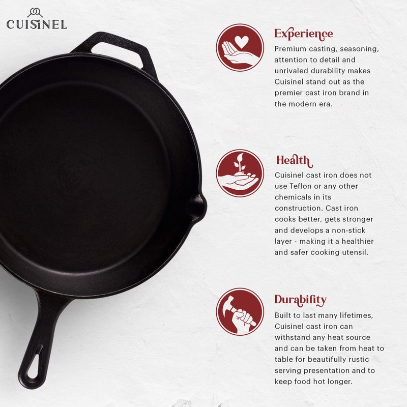 Cuisinel Cast Iron Skillet - 10"-Inch Frying Pan with Pour Spouts + Pan Scraper + Silicone Grip Handle Cover Holder - Pre-Seasoned Oven Cookware - Indoor/Outdoor Use - Stovetop, Induction. PFAS and PFOA-free - Image 3